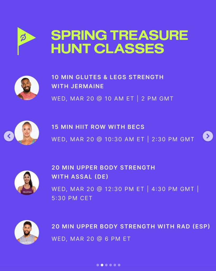 Peloton Spring Treasure Hunt class list. Image credit Peloton social media.